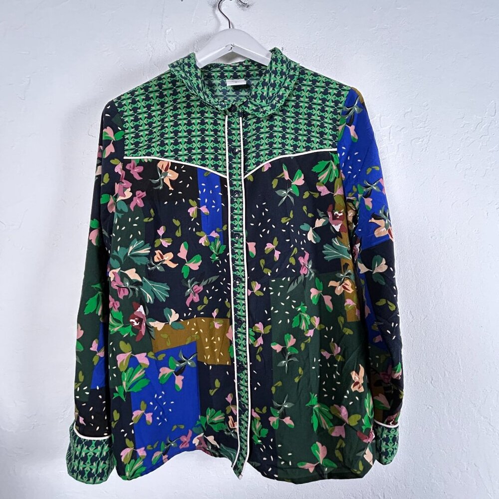 Cabi Womens Bronco Mix Print Green Button Down Shirt Blouse Medium Long Sleeve